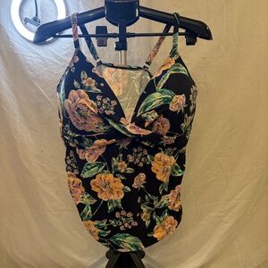 Freshwater Women's Swim Top Tankini Black/Pink/Green Floral Plus Size 3X